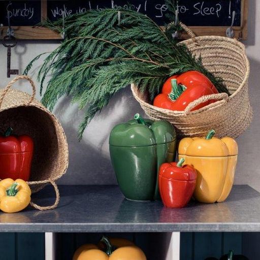 Front view of Pepper Box 5 inch showcasing a green pepper-shaped earthenware box among colorful pepper boxes and baskets