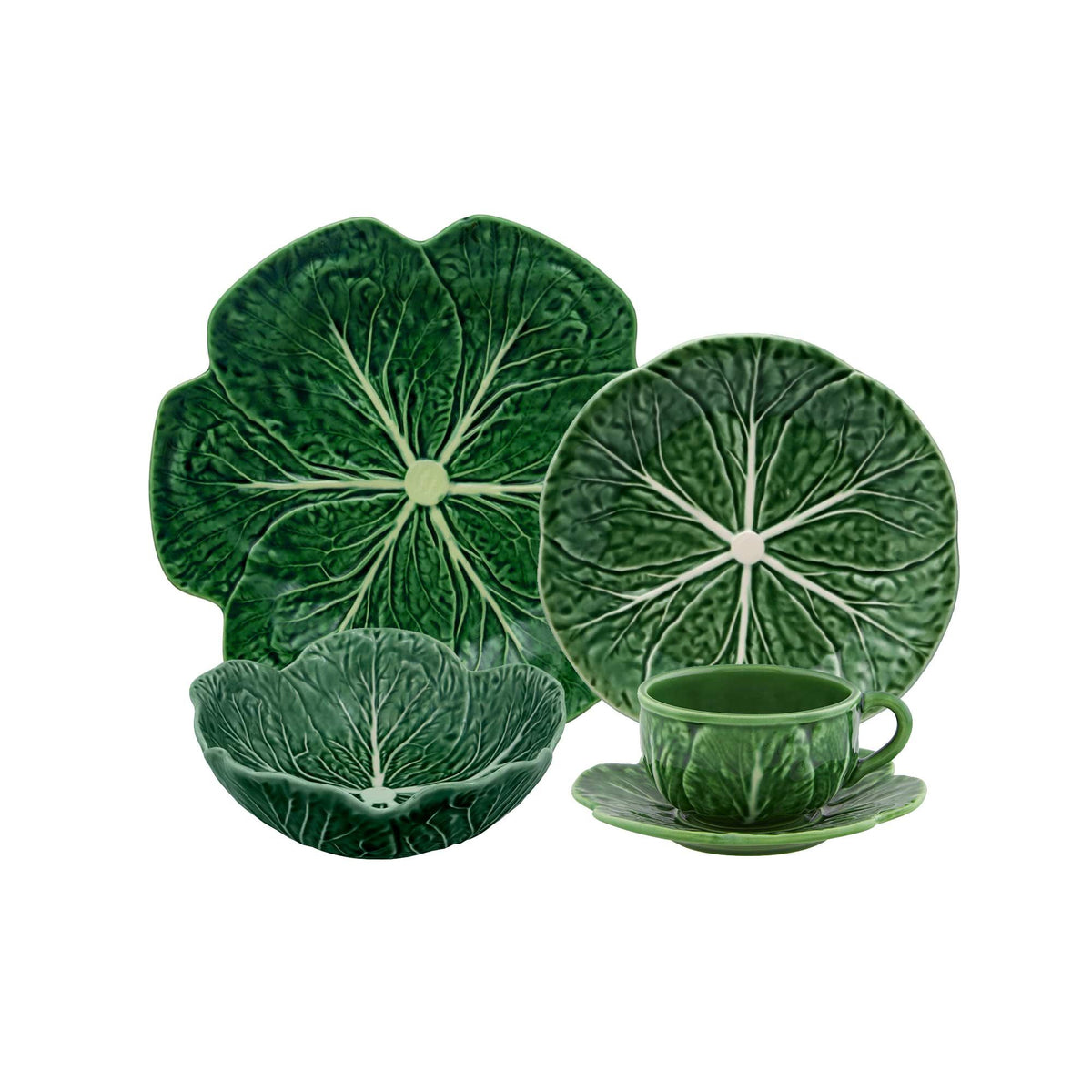 Front view of Cabbage 16-Piece Set in Green showcasing cabbage-leaf designs on plates, bowls, and mug with a white background