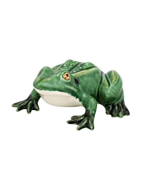 Front view of Frogs Medium Frog showcasing handcrafted green earthenware with a white belly on a white background