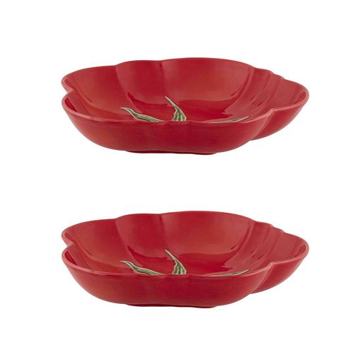 Front view of the Tomato Pasta Plate, Set of 2, showcasing red tomato shapes and green stem details on a white background