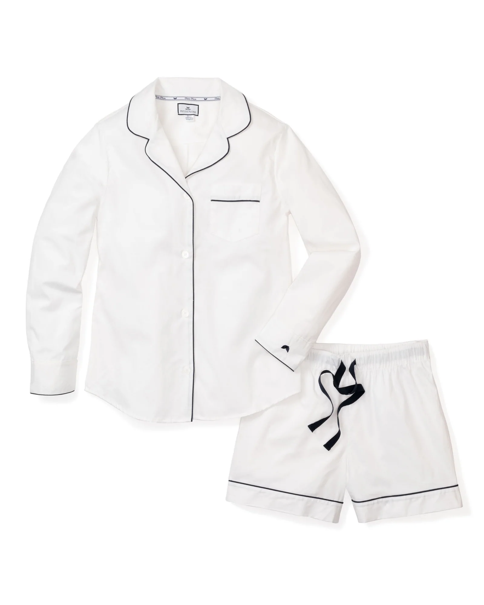 Women’s White Long Sleeve Short Set with Navy Piping