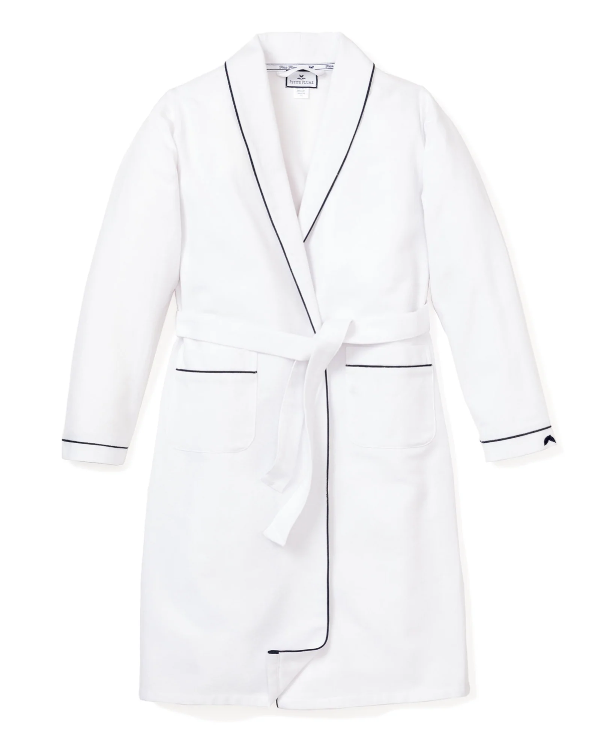 Front view of Women’s White Robe with Navy Piping showcasing long sleeves, tie belt, and front pockets on a white background
