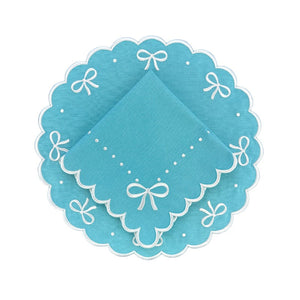 Embroidered robin egg blue napkin and placemat with bows, luxury napkin, luxury placemat