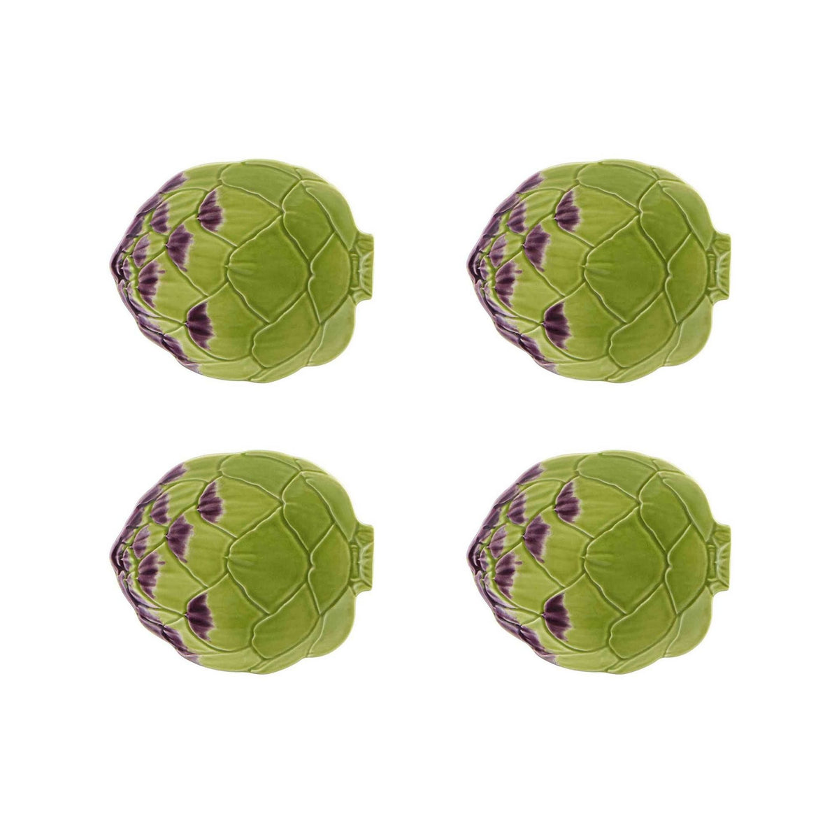 Top view of Artichoke Fruit Plate, set of 4 showcasing green artichoke-shaped earthenware with purple accents on a white background