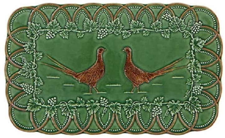 Front view of Woods Tray showcasing detailed pheasant illustration and ornate green and brown border on white background