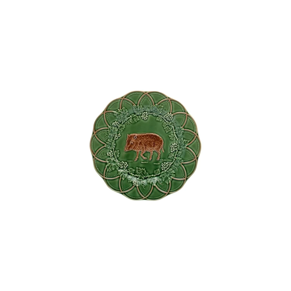 Front view of Woods Snack Plate showcasing a green botanical border and brown boar illustration on white background