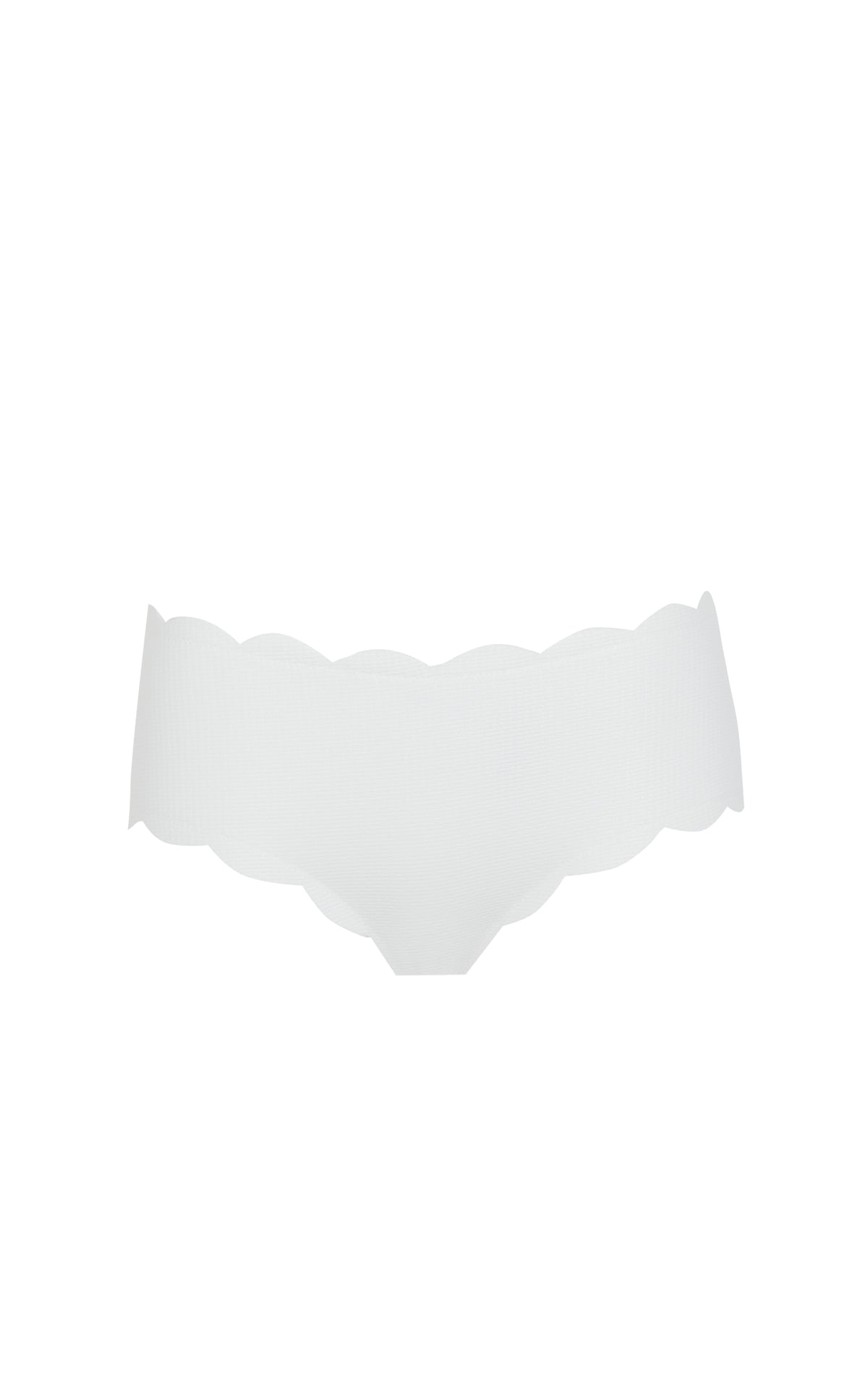 Front view of Spring Bottoms showcasing hand-cut scallops at the waist with a white background