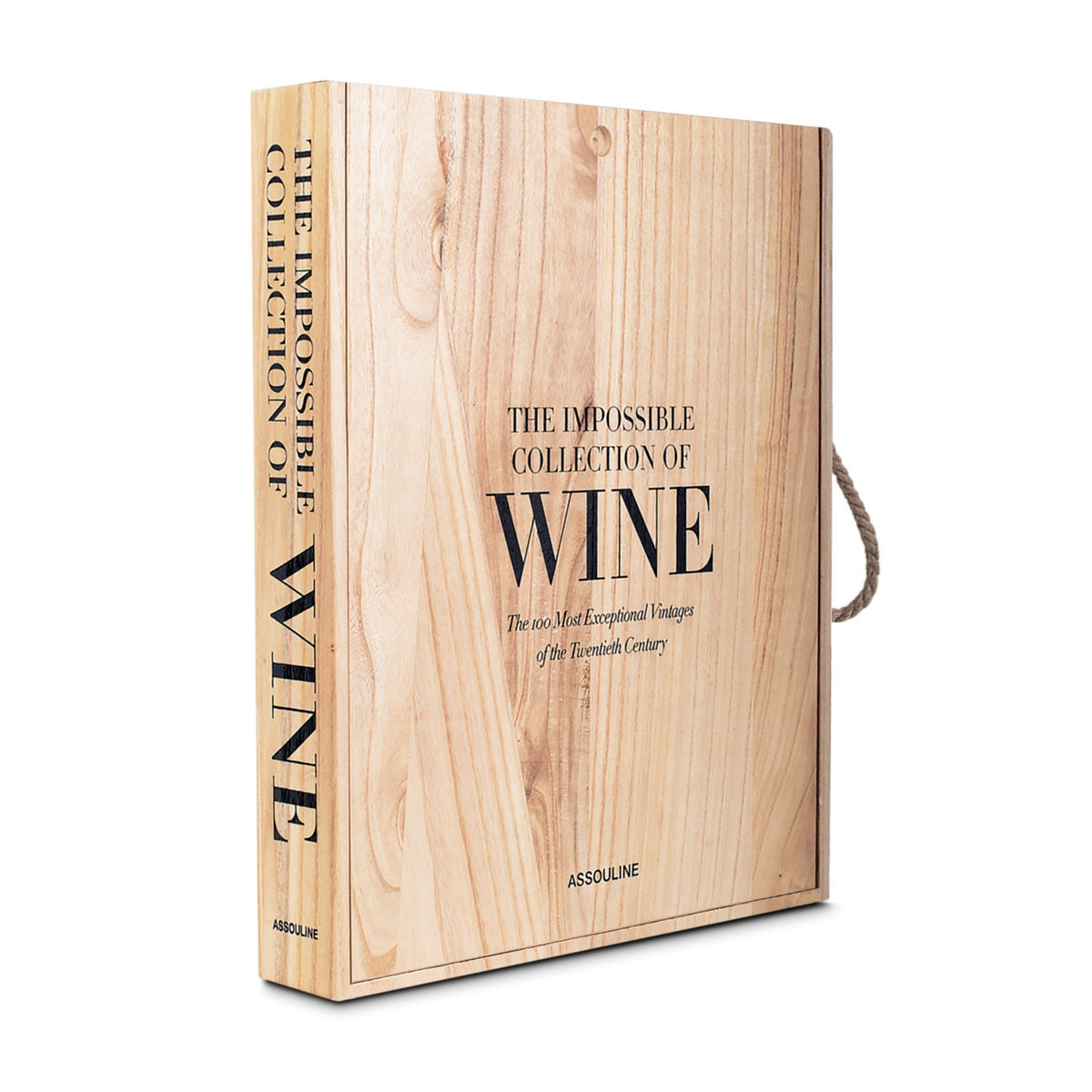 Three-quarter view of The Impossible Collection of Wine wooden box set with rope handle on white background