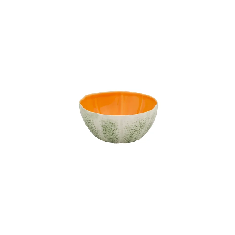 Three-quarter view of Melon Bowl 15 oz showcasing green textured exterior like a melon rind and glossy orange interior on white background