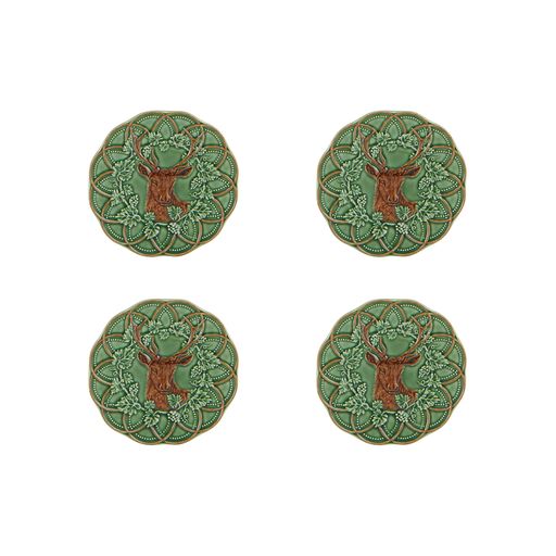 Top view of set of 4 Woods bread-and-butter plates showcasing embossed deer motif on green earthenware with white background