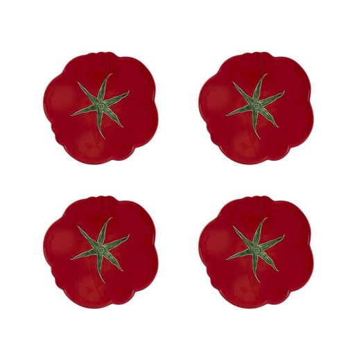 Top view of Tomato Fruit Plate set of 4 showcasing tomato-shaped red earthenware with green leaf details on a white background