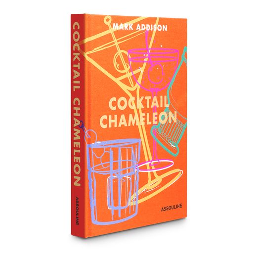 Three-quarter view of Cocktail Chamelon hardcover showing orange cover with neon drink illustrations on white background