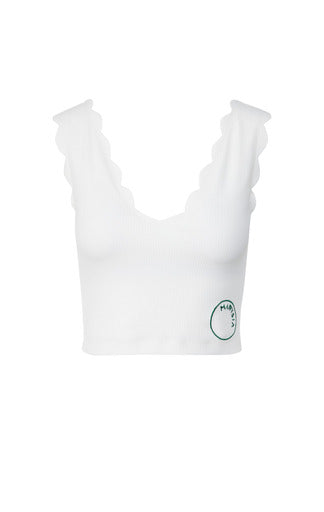 Front view of Marysia Venus Top showcasing scalloped edges and V-neck with a white background