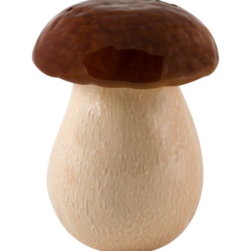 Front view of large mushroom-shaped ceramic box with brown glazed cap and textured cream stem on white background