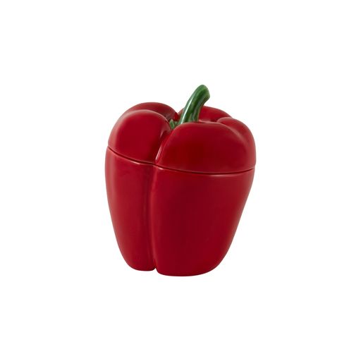 Front view of Pepper Box showcasing its red pepper shape and green stem with a white background