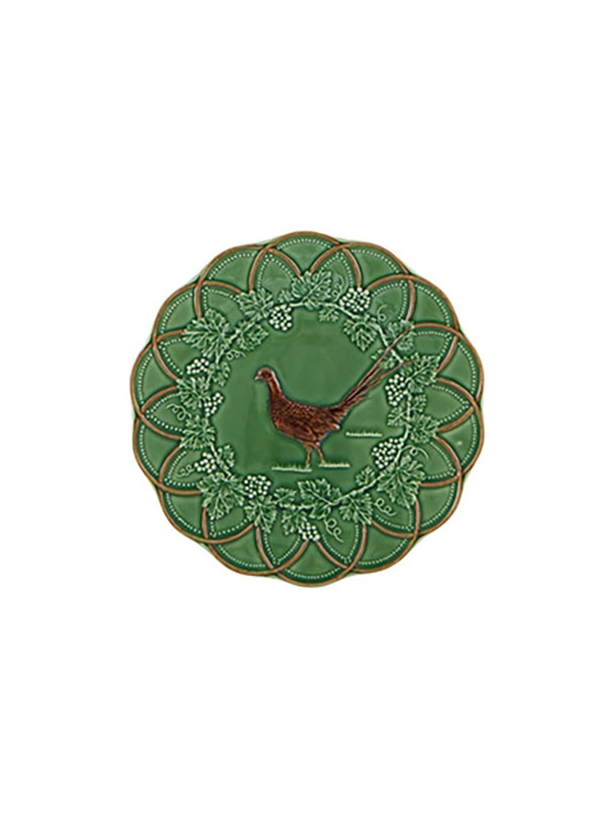 Top view of Woods Snack Plate showcasing a pheasant illustration and leafy border on a white background