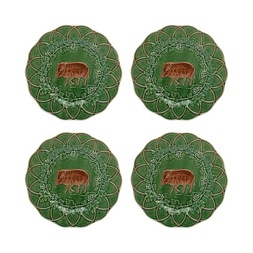 Top view of Woods Snack Plate set of 4 showcasing detailed boar illustrations and green botanical relief on white background