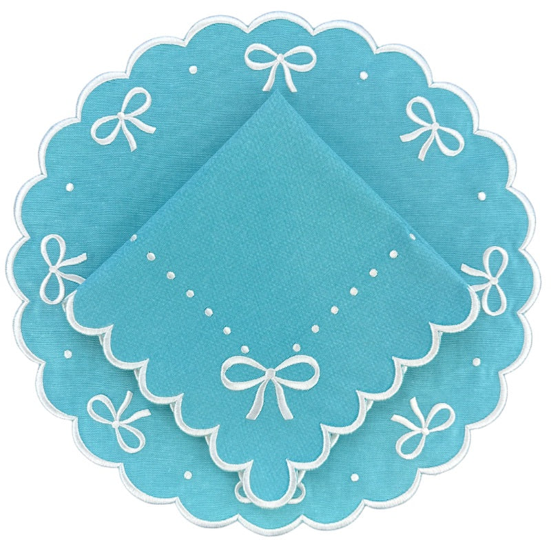 Embroidered robin egg blue napkin and placemat with bows, luxury napkin, luxury placemat, by Flying Sheep Country.