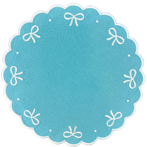 Embroidered robin egg blue placemat with bows,  luxury placemat, by Flying Sheep Country.