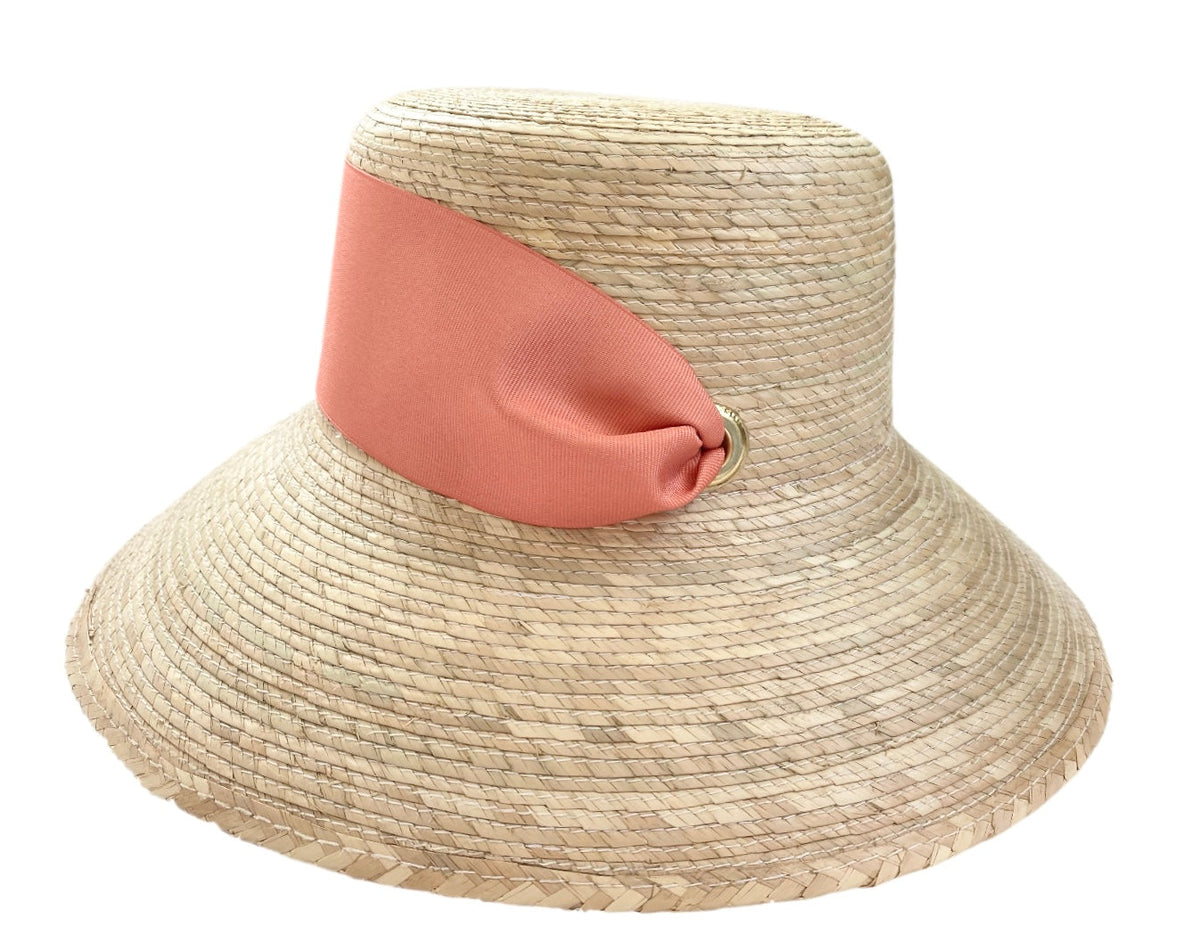 Clematis Bucket Hat With Wide Coral Grosgrain Ribbon