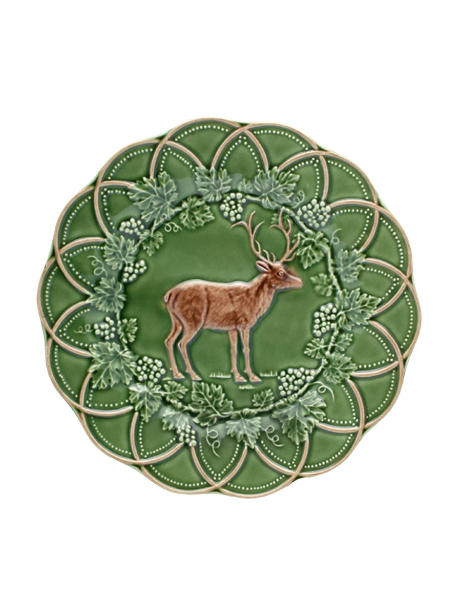 Front view of the Woods Snack Plate showcasing a brown deer and leafy green border on a white background