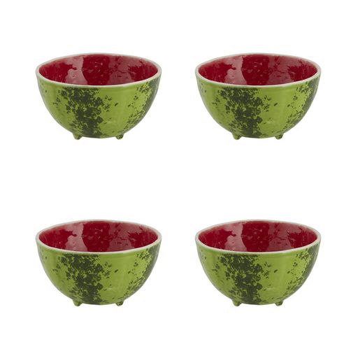Three-quarter view of a set of four watermelon ceramic bowls (13 oz) showing red interiors and mottled green exteriors on white background