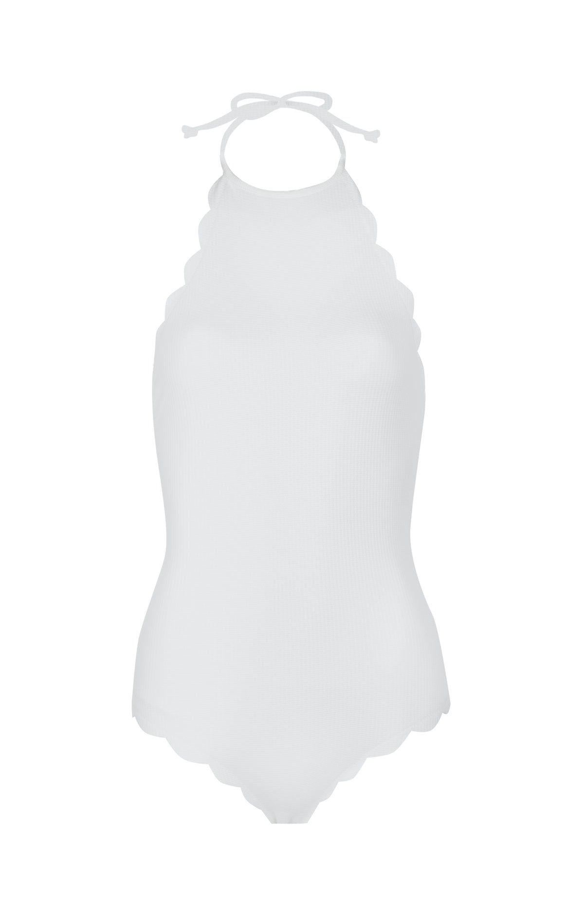 Front view of Mott Maillot showcasing white halter styling and scalloped edges with a white background