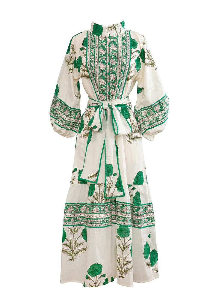 Sue Sartor Flounce Dress in Emerald Marigold
