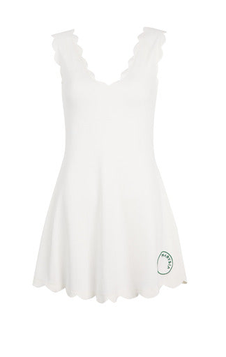 Front view of white Marysia Venus dress showcasing scalloped V-neck and scalloped hem on plain white background