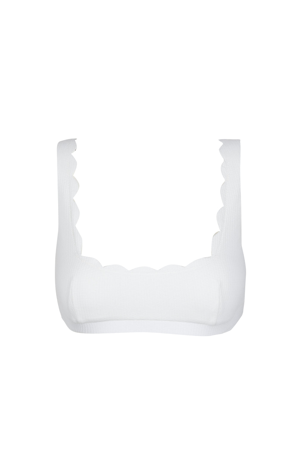 Front view of Mini Palm Springs bikini top showing scalloped edges and square neckline on white background