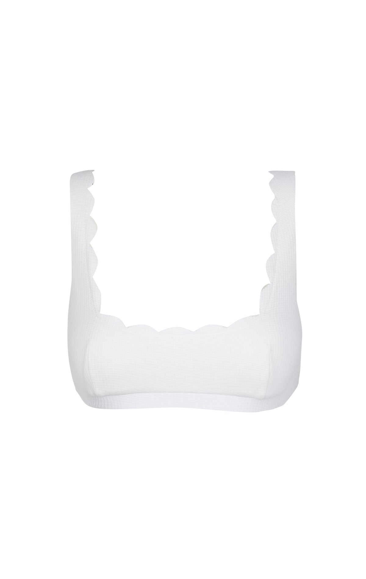 Front view of Mini Palm Springs bikini top showing scalloped edges and square neckline on white background