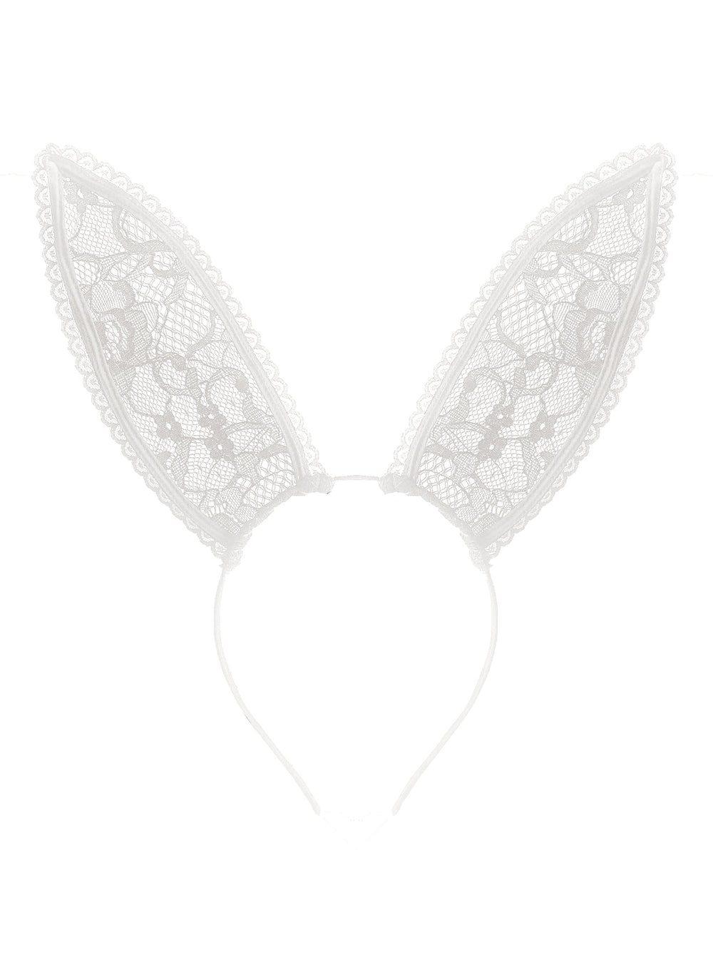 Flat lay of ivory Lace Bunny Ears headband showcasing floral French Leavers lace ears on a white background