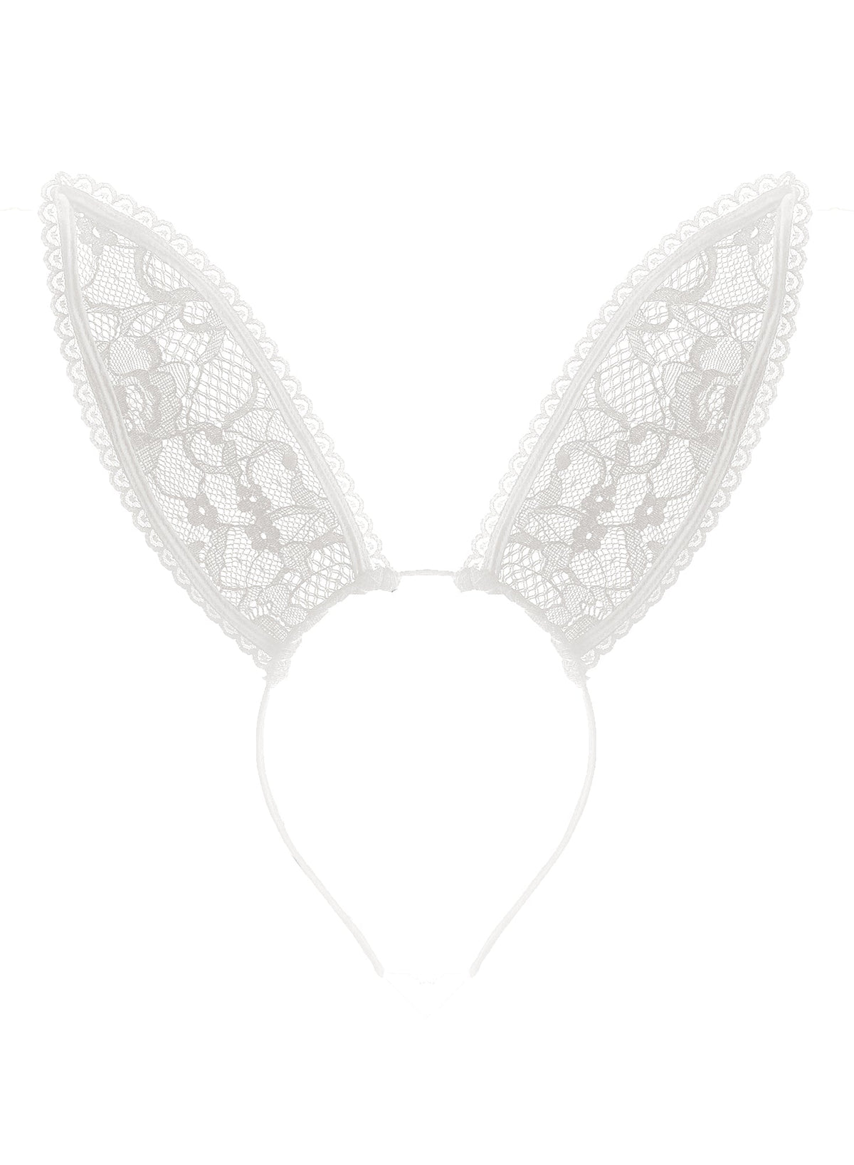 Flat lay of ivory Lace Bunny Ears headband showcasing floral French Leavers lace ears on a white background