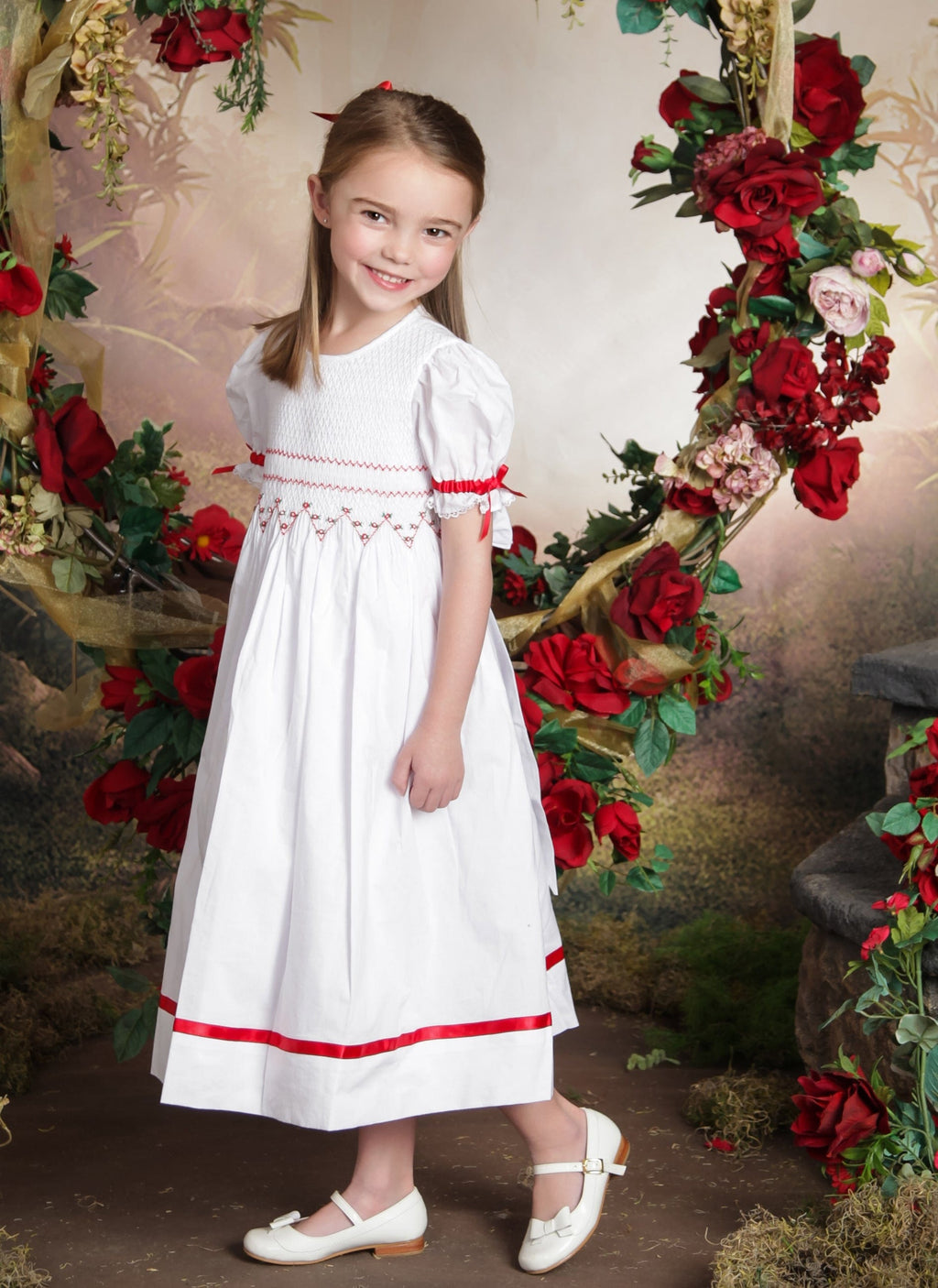 Christmas Smocked Red Girls Dress, Holiday Flower Girl Red White Dress | Over The Moon Christmas Smocked Red Girls Dress, Holiday Flower Girl Red White Dress | Over The Moon