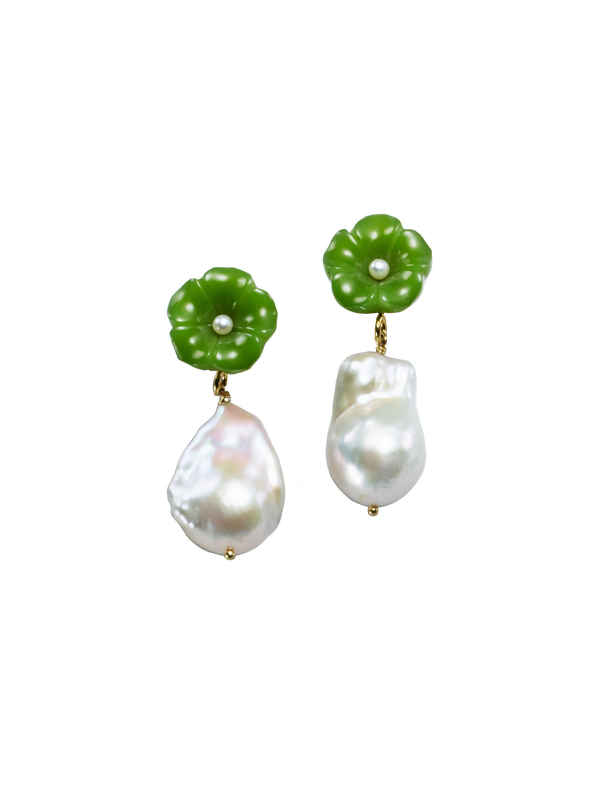 Front view of Pearl Drop Earrings in Jade showcasing jade flower tops and baroque pearl drops with white background