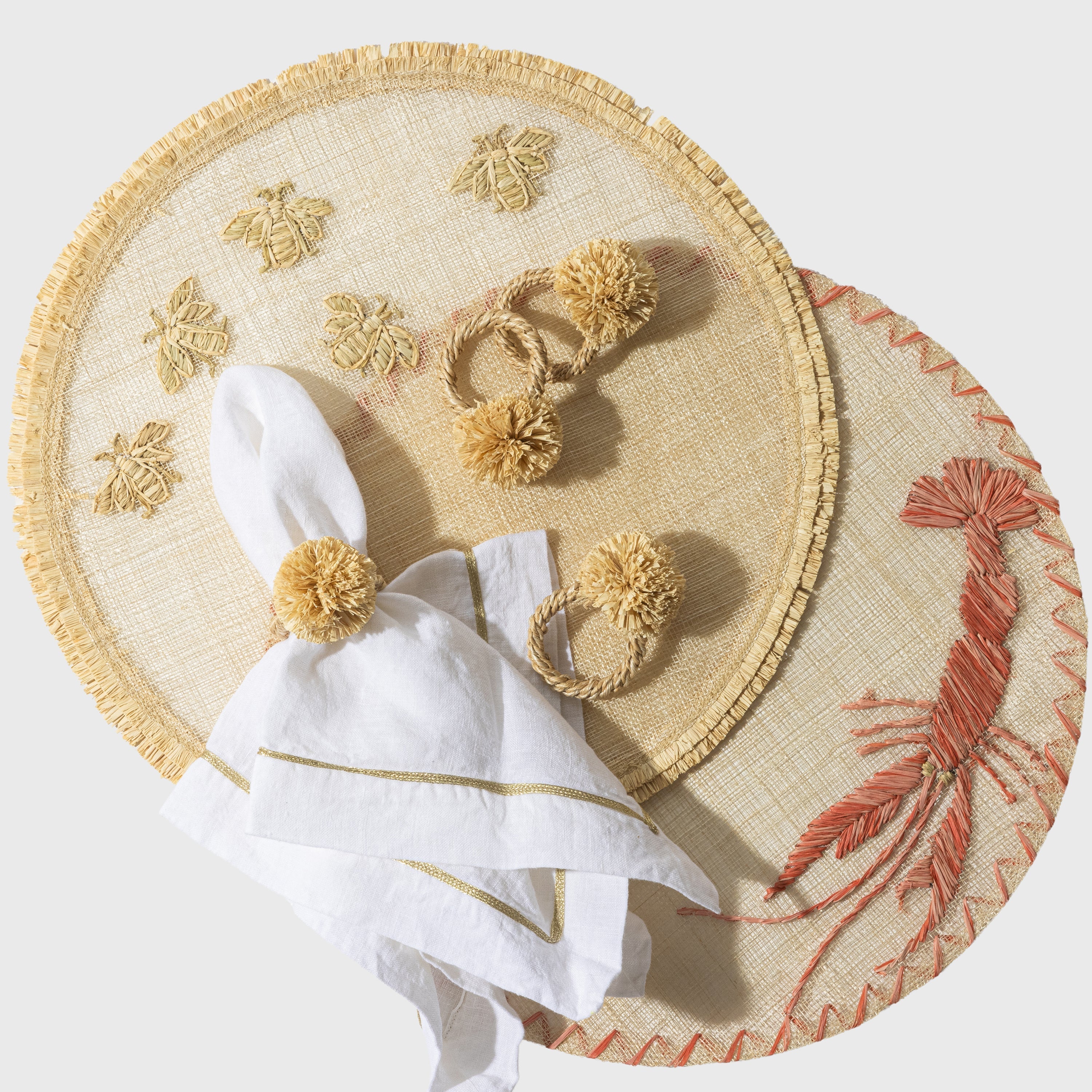 Straw Pompom Napkin Rings in Natural, Set of Four