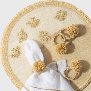 Straw Pompom Napkin Rings in Natural, Set of Four