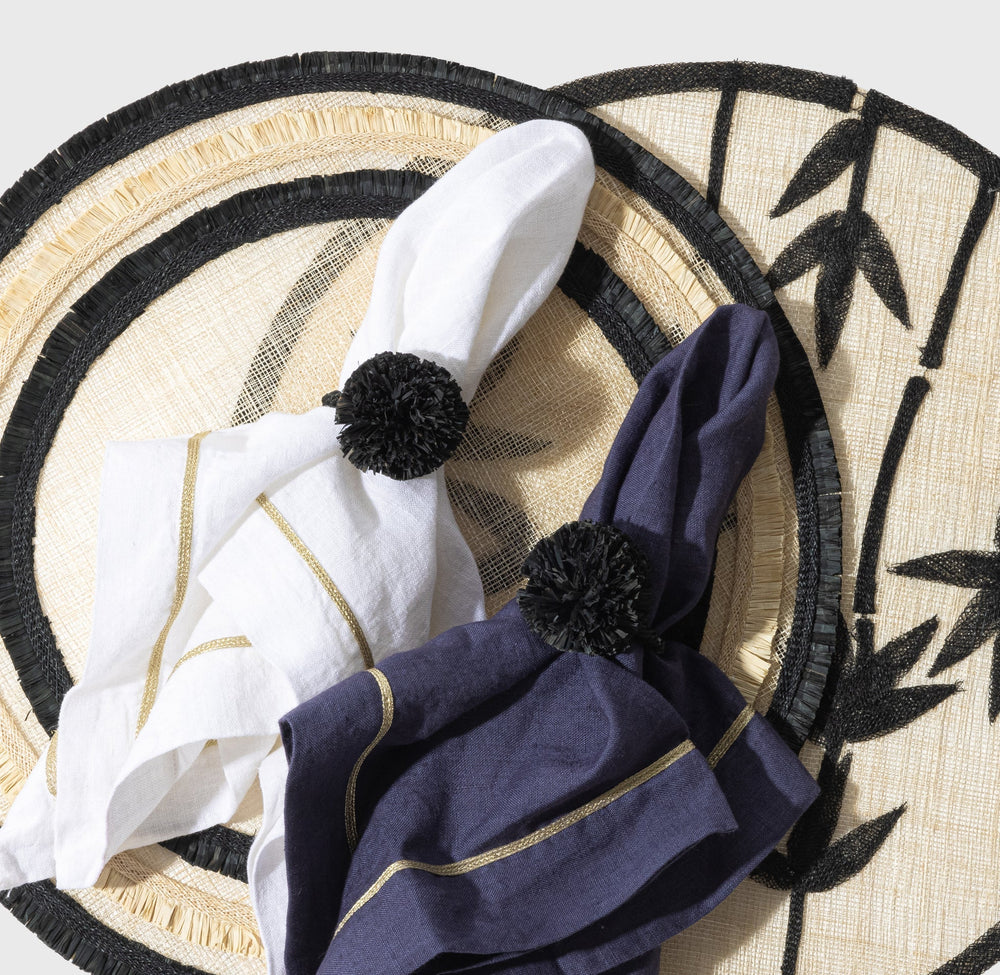 Straw Pompom Napkin Rings in Black, Set of Four