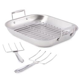 D3 Stainless 3-Ply Bonded Cookware, Large Flared Roaster with Rack and Two Turkey Forks