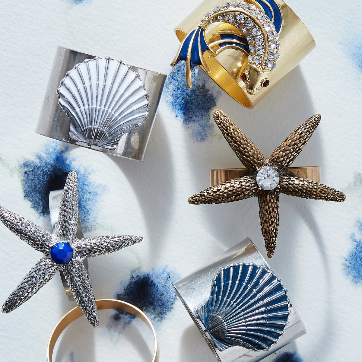 Painted Shell Napkin Rings in Blue, Set of Two