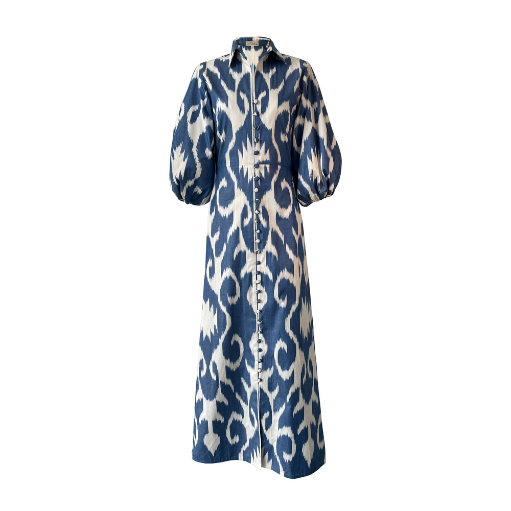 Front view of Jodhpur Dress showcasing handwoven silk ikat, collared neckline, front buttons, and balloon sleeves on white