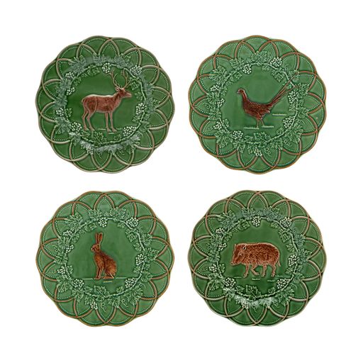 Overhead view of Woods Assorted Snack Plate, Set of 4 showcasing green and brown scalloped plates with animal motifs