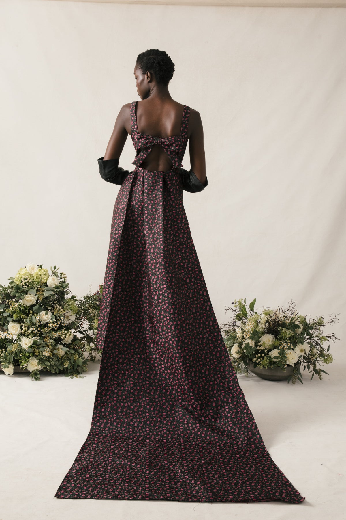 Ayak Dress in Black and Pink Floral Jacquard