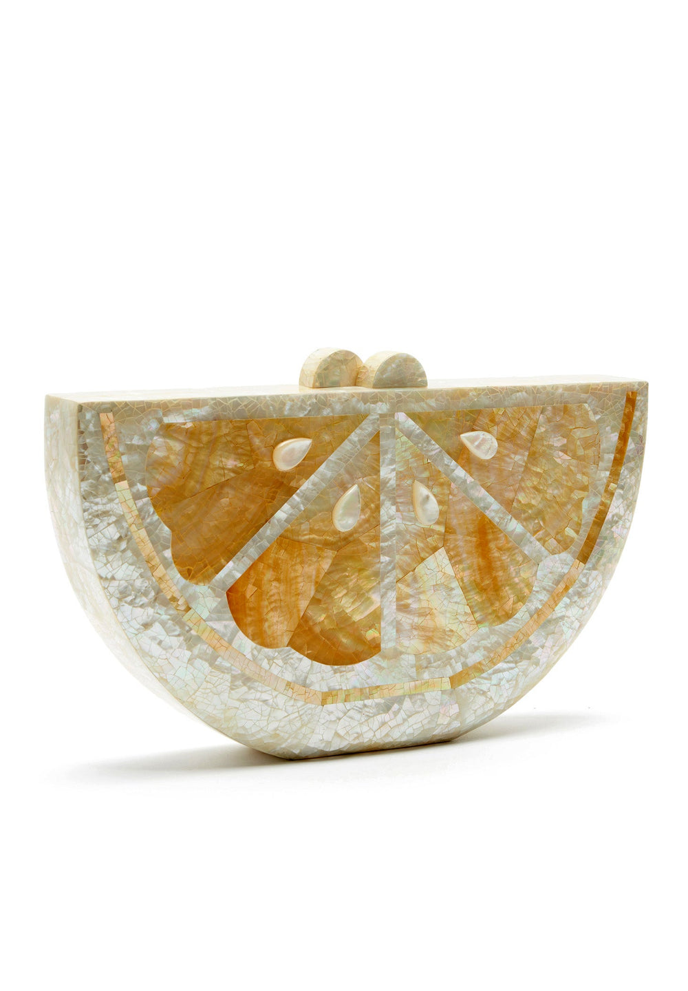 Front view of Bora Bora Lemon Clutch showing pearlescent mother-of-pearl lemon-slice mosaic on white background