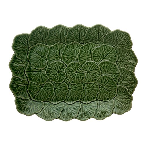 Front view of Geranium Relief Platter 39 inch Green showcasing raised overlapping geranium leaf relief on a white background
