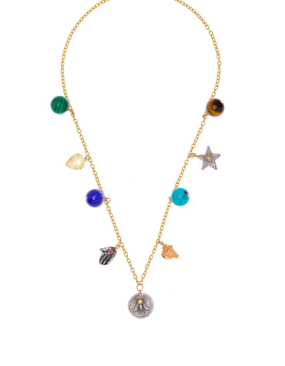 Front view of Les Charmantes charm necklace with nine mixed gemstone beads and gold and silver pendants on a white background