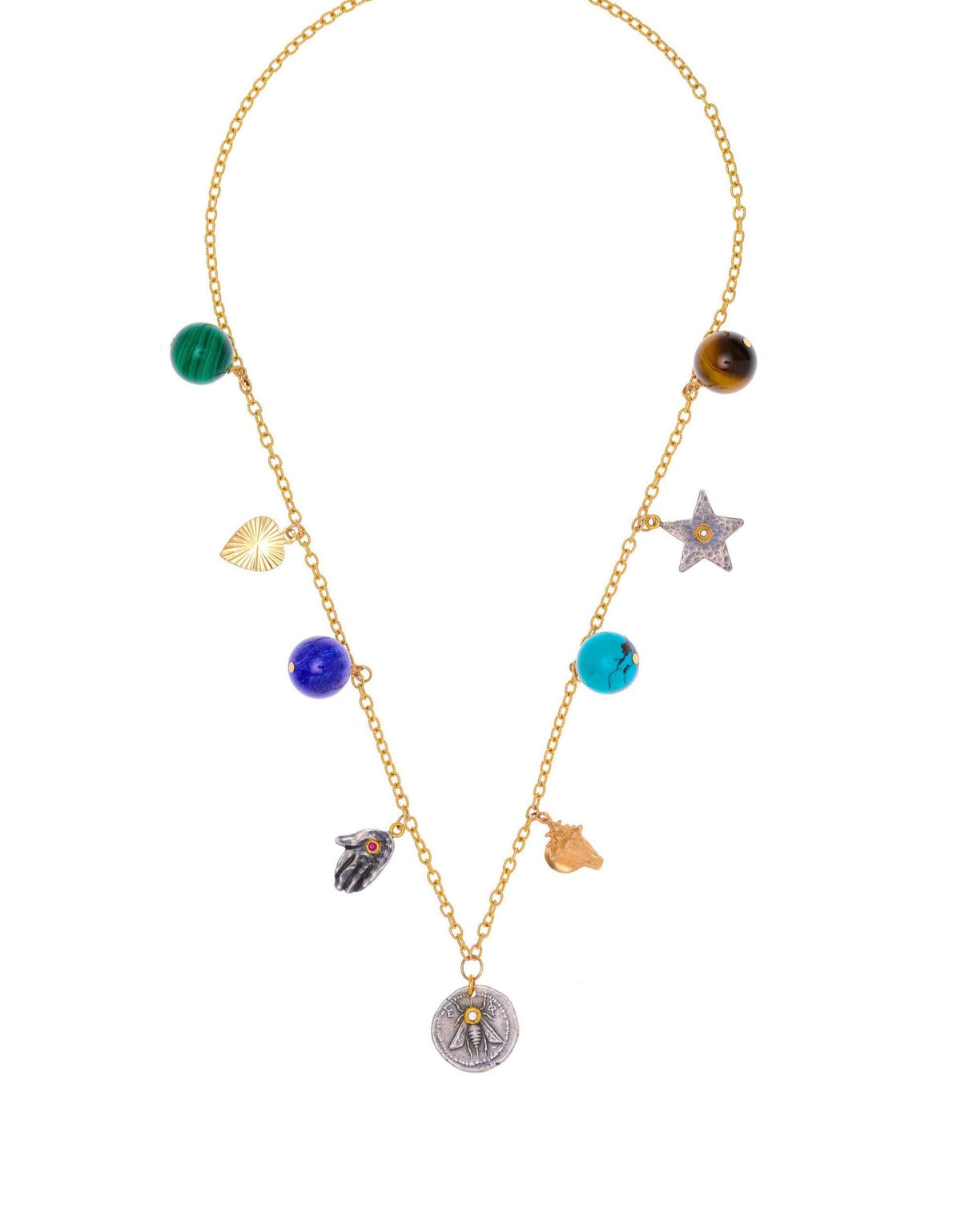 Front view of Les Charmantes charm necklace with nine mixed gemstone beads and gold and silver pendants on a white background