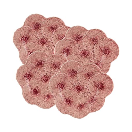 Top view of Maria Flor dinner plate set of 4 showcasing embossed pink floral pattern on white background