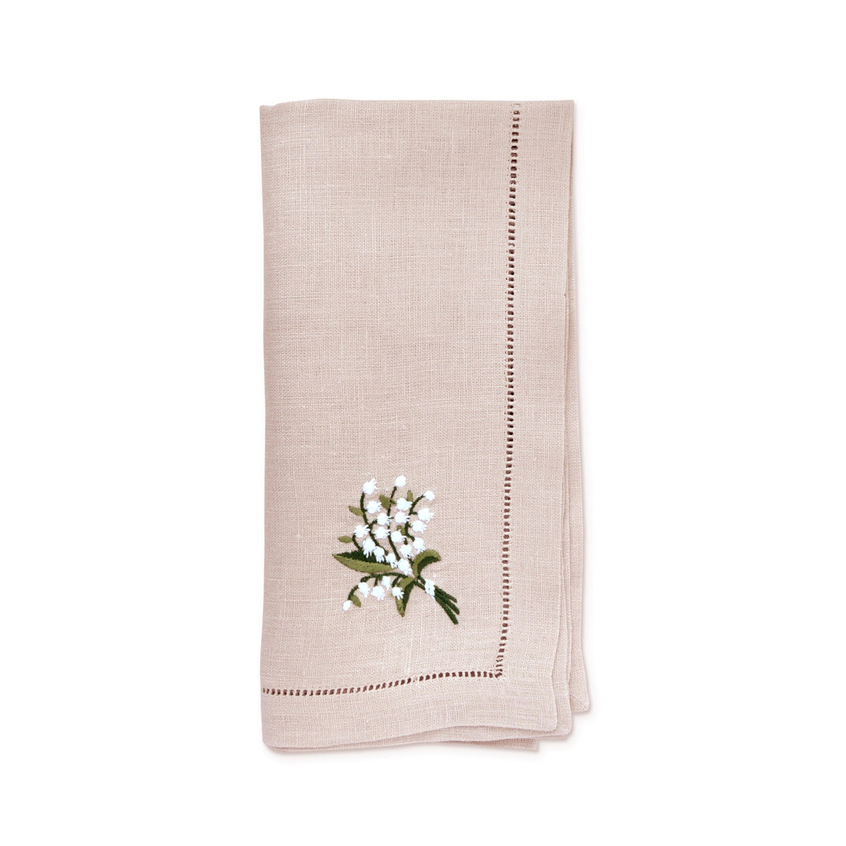 Top view of Lily of the Valley Dinner Napkins showcasing embroidered lily of the valley flowers and stitched border on a white background