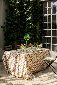 Strawberry Fields Tablecloth with Green Trim